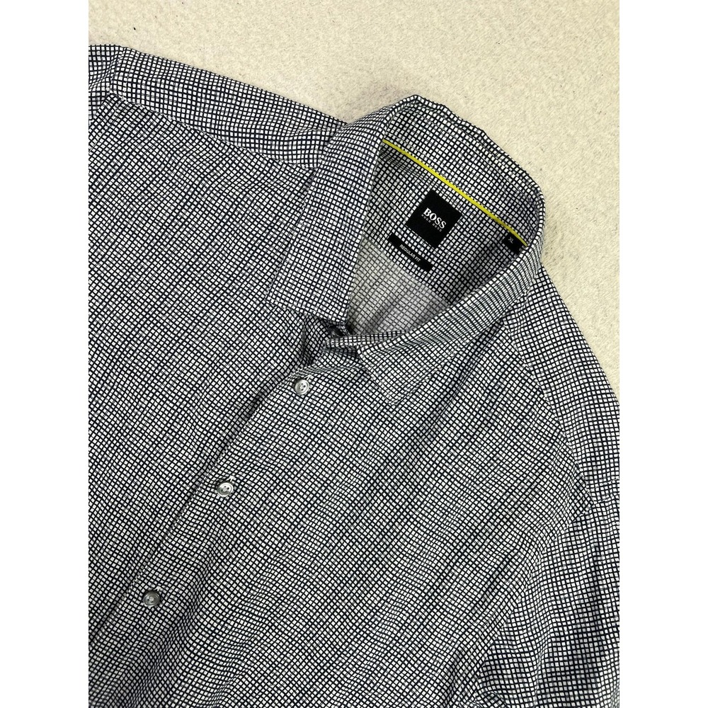 BOSS Hugo Boss Shirt Mens XL Navy White Lukas_F Regular Fit Long Sleeve Grid